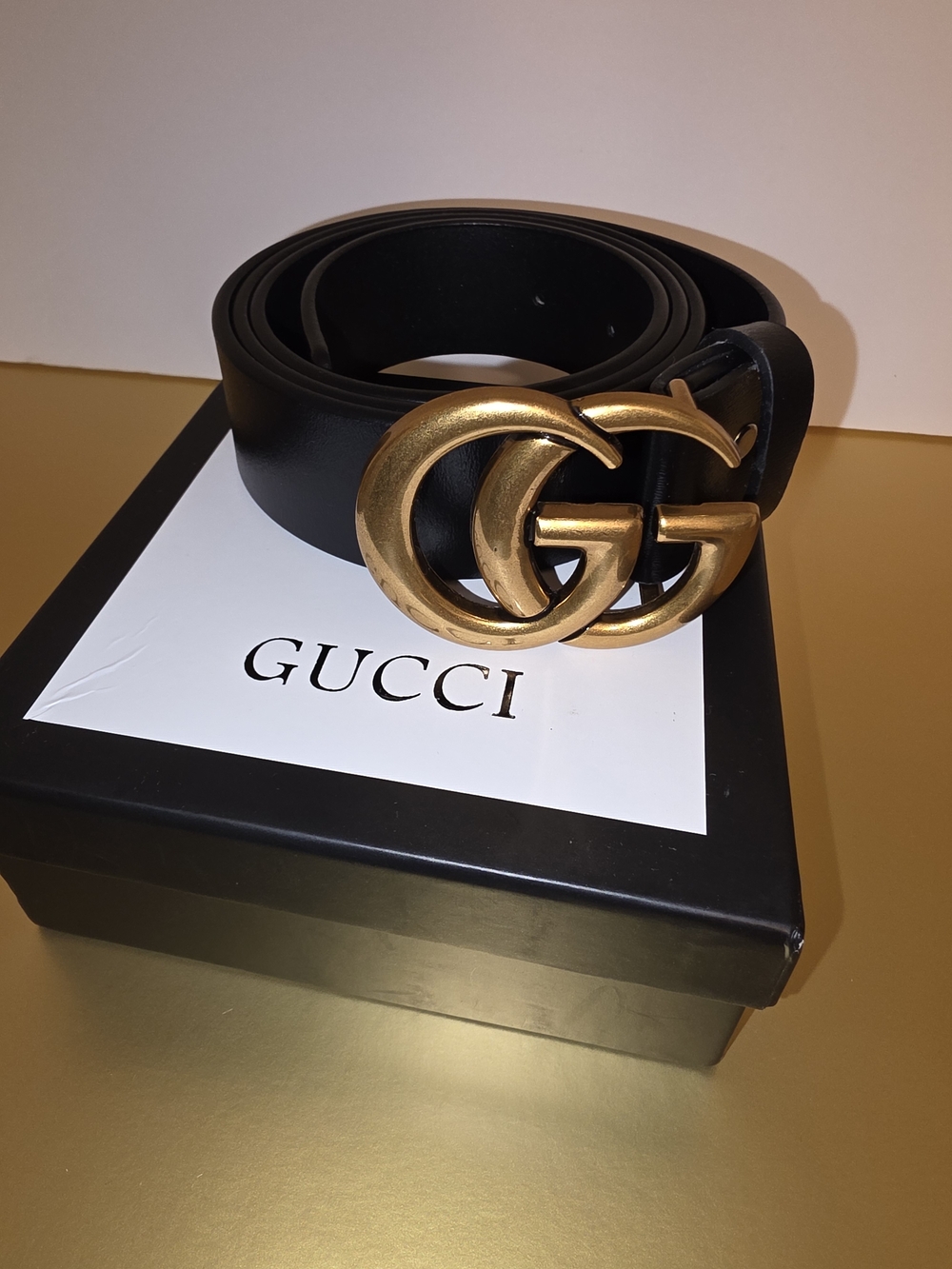 Gucci Black Leather Belt with Gold Double G Buckle